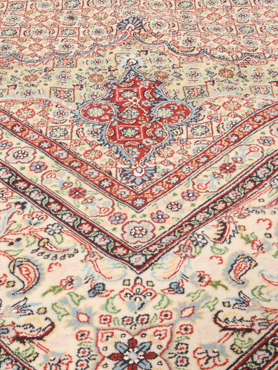 Hand-knotted Moud rug with intricate floral medallion and beige field from the Middle East