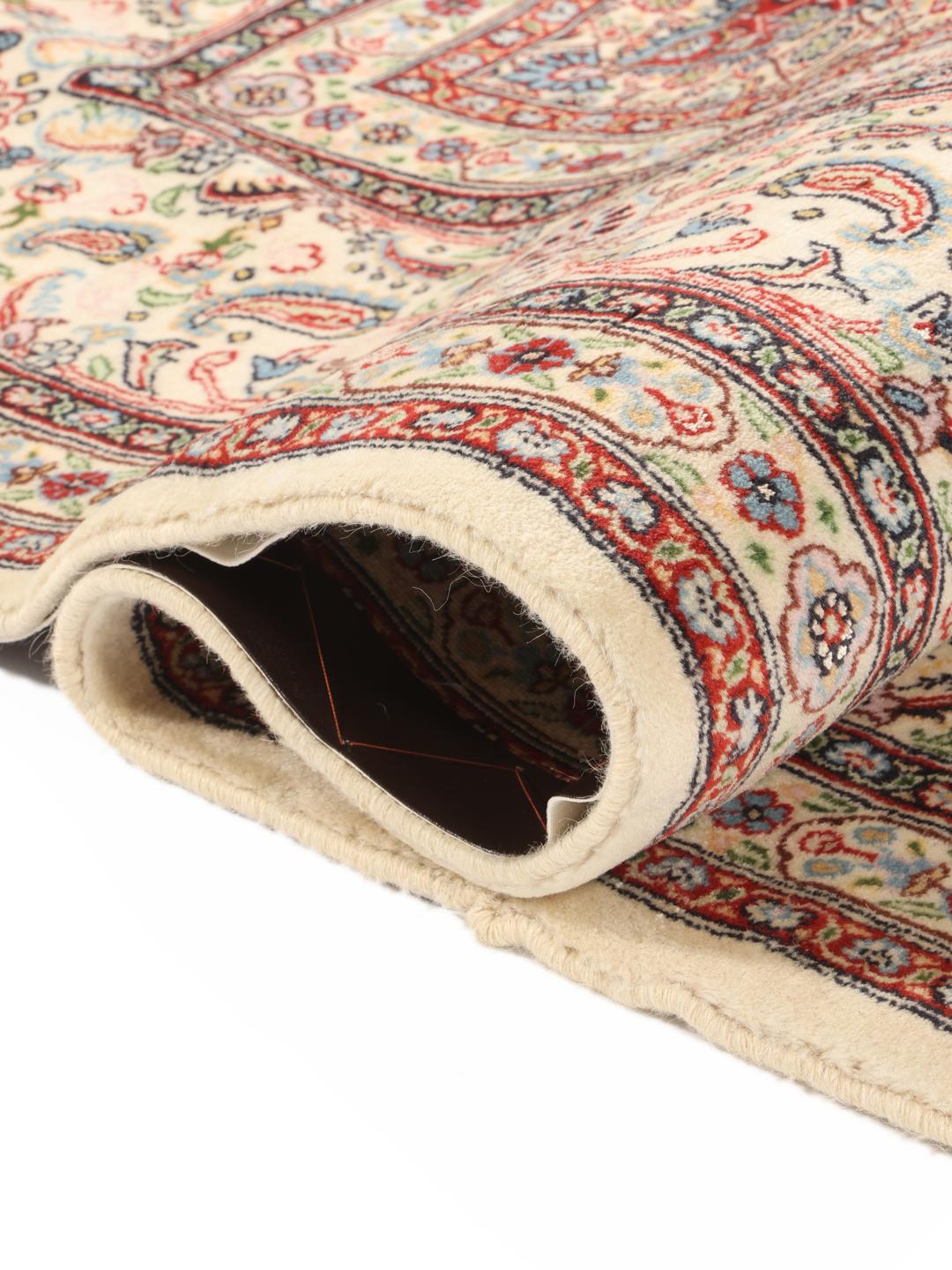 Hand-knotted Moud rug with intricate floral medallion and beige field from the Middle East