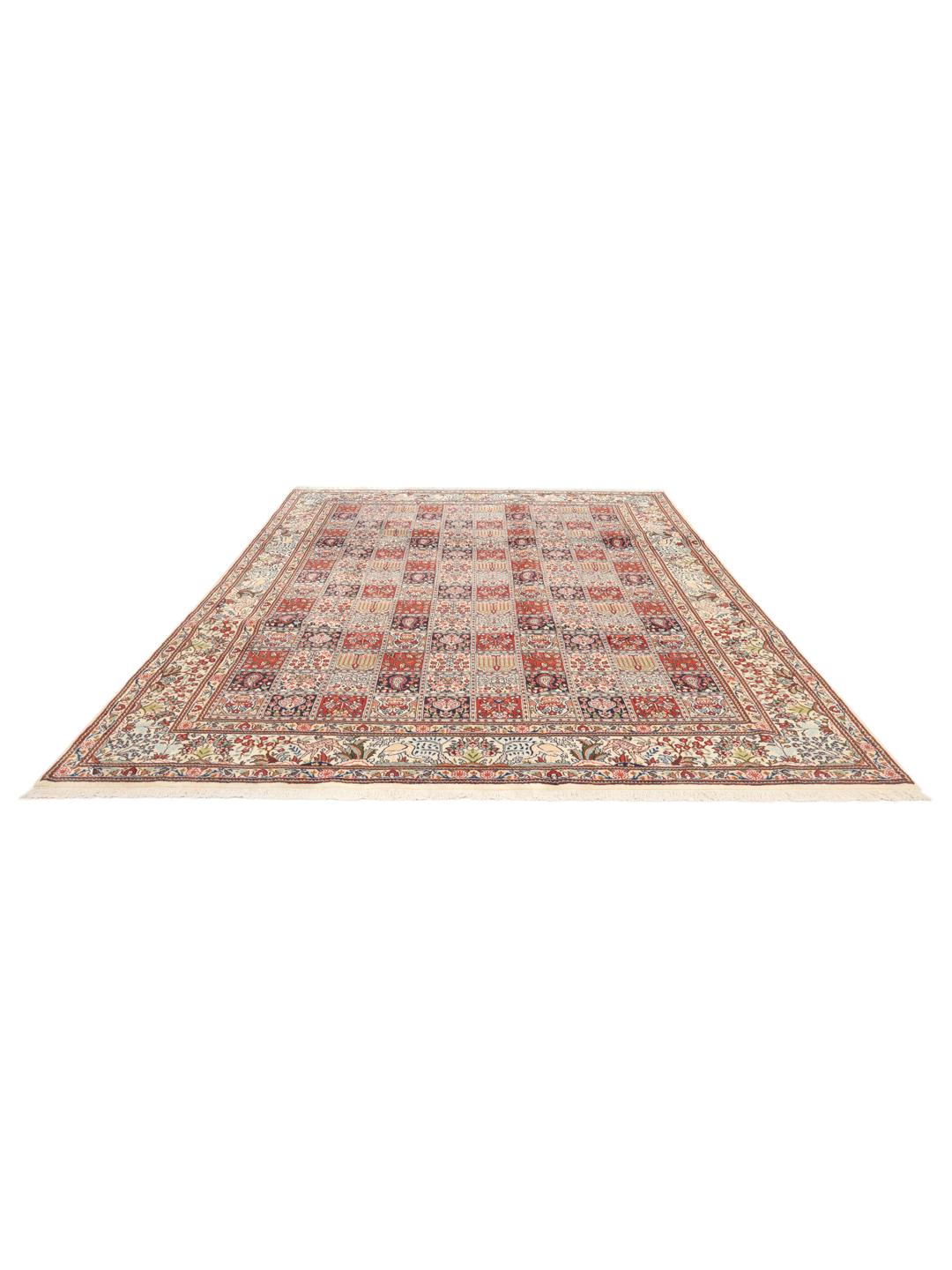 Hand knotted Moud rug from the Middle East featuring a multicolor grid pattern with floral motifs