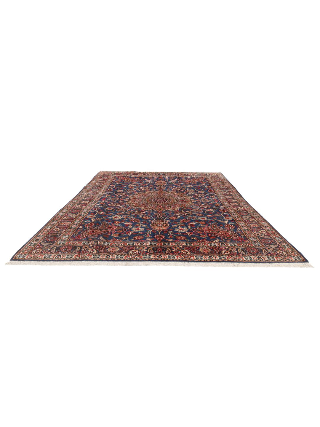 Håndknyttet Moud Sherkat Farsh-tæppe med et dybblåt felt og blomstermedaljonmønster