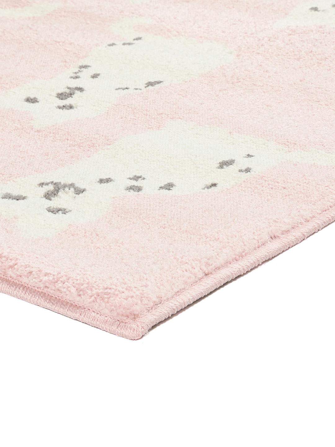 roze tapijt met speelse kattenmotieven en garenbollen