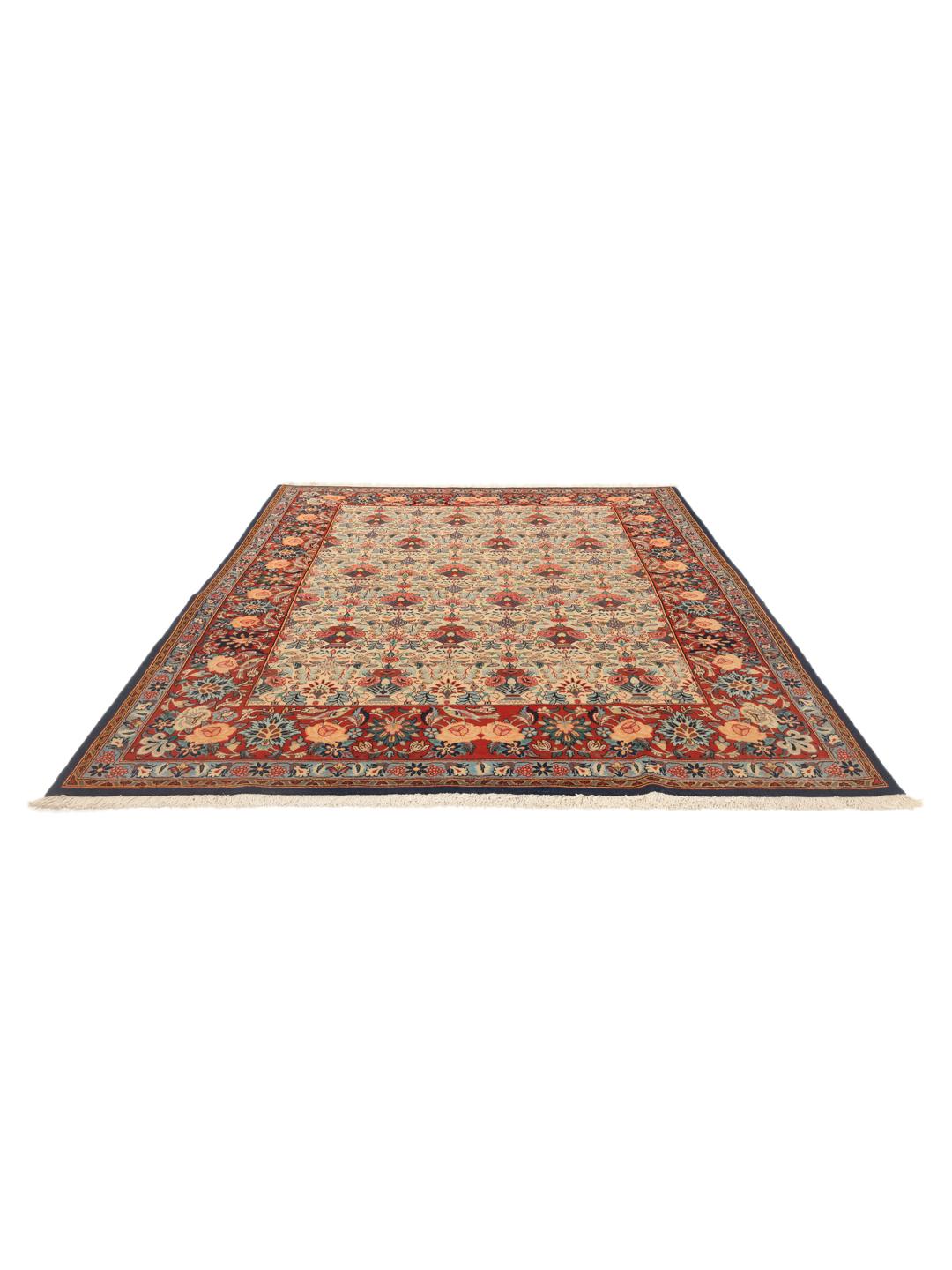 Hand-knotted Varamin rug with intricate floral patterns in red and beige from the Middle East