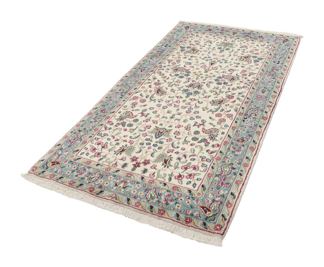 Tapis Kerman noué à la main du Moyen-Orient avec un motif floral en beige et bleu