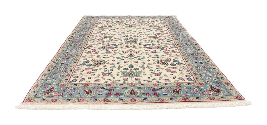 Tapis Kerman noué à la main du Moyen-Orient avec un motif floral en beige et bleu
