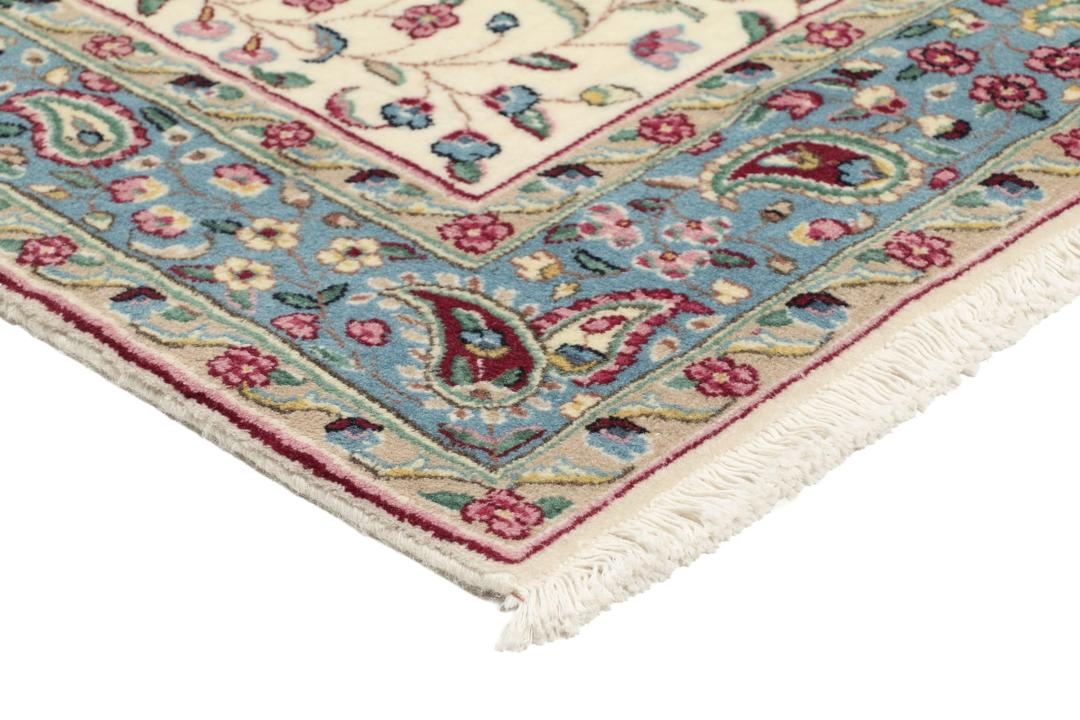 Tapis Kerman noué à la main du Moyen-Orient avec un motif floral en beige et bleu