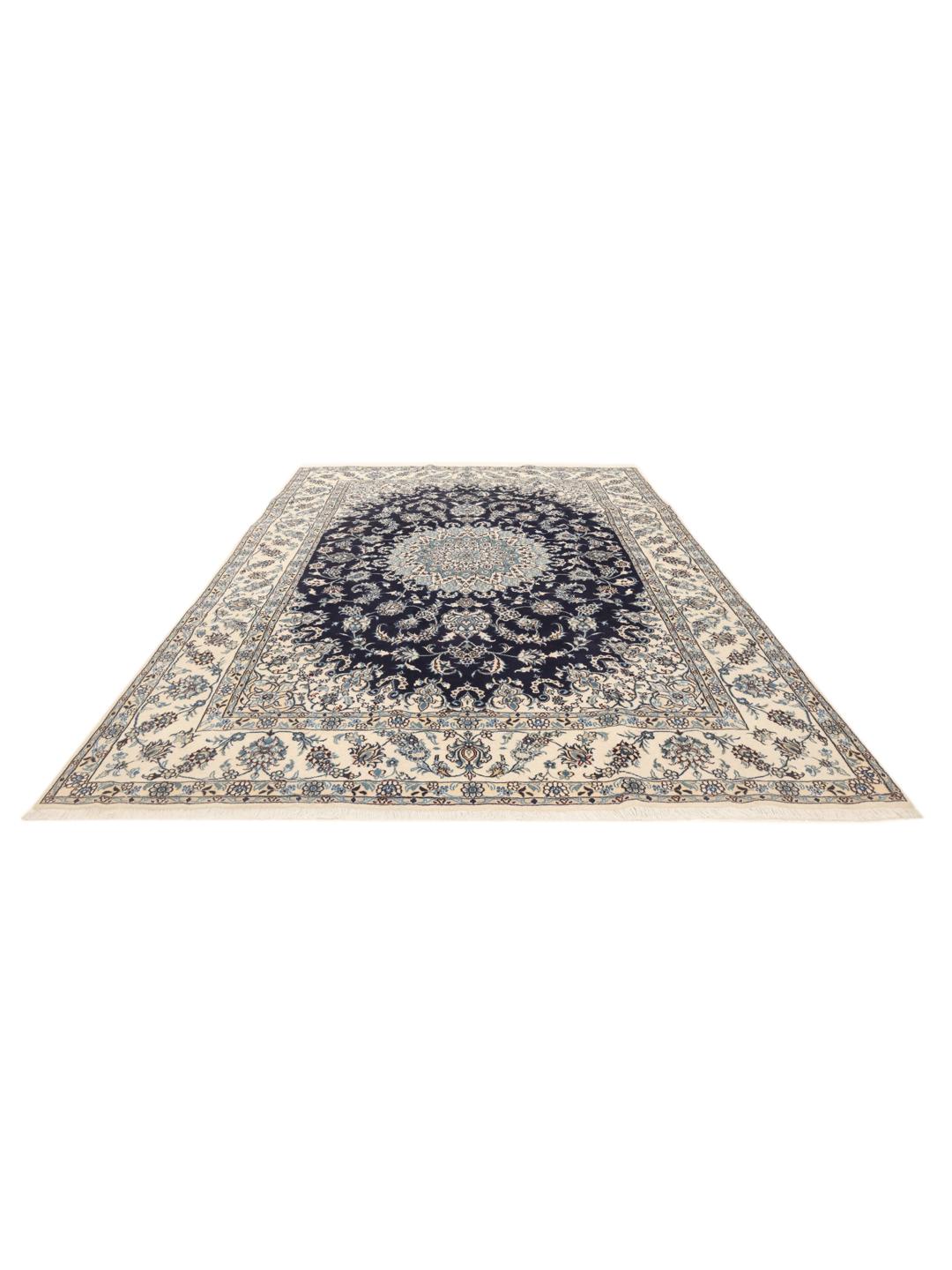 Hand-knotted Middle Eastern Nain rug featuring a dark-blue field with intricate floral patterns.