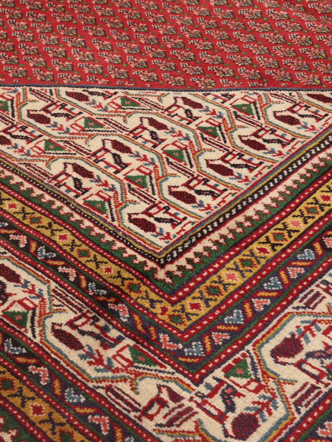 A large, hand-knotted Sarough Mir rug with a vibrant red field and geometric motifs.