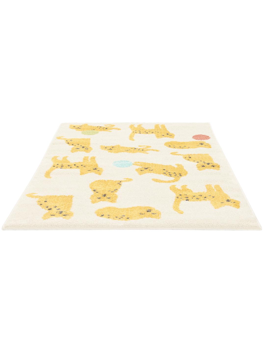 Wit en multicolour tapijt met een speels kattenmotief