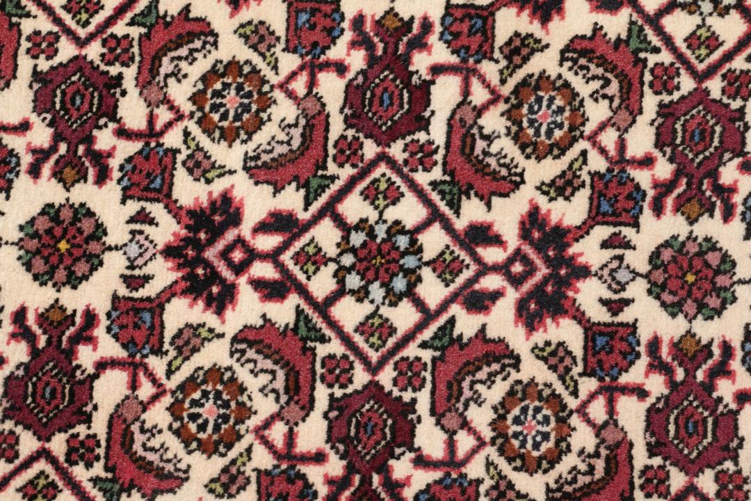 Handgeknoopt Bidjar-tapijt uit het Midden-Oosten in rood en beige met ingewikkelde bloempatronen.