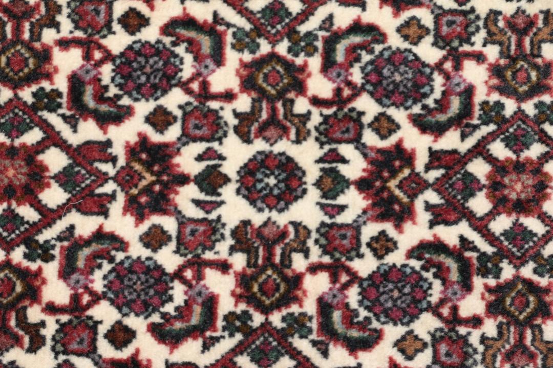 Een handgeknoopt Bidjar-tapijt uit het Midden-Oosten met een donkerrood en beige bloemenpatroon.