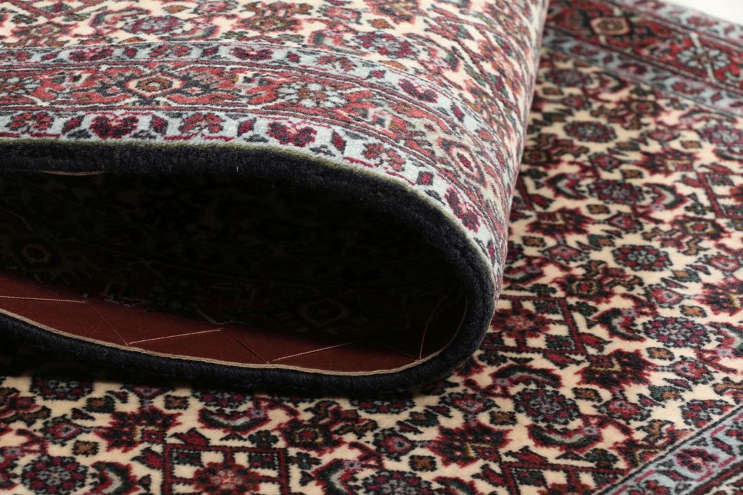 Een handgeknoopt Bidjar-tapijt uit het Midden-Oosten met een donkerrood en beige bloemenpatroon.