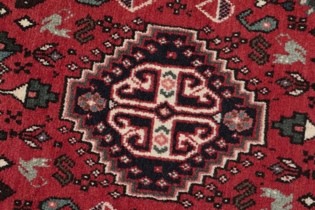 Håndknyttet Abadeh-tæppe med traditionelle geometriske mønstre i rød og sort