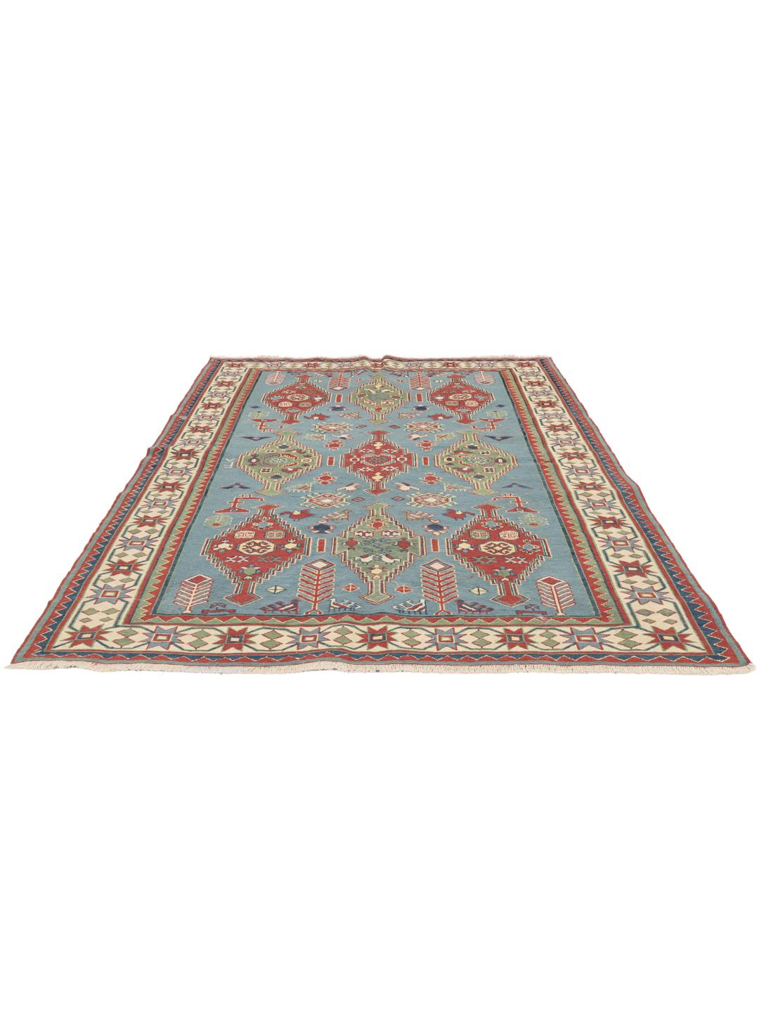 Handgeweven Afghaans Kelim-tapijt met geometrische motieven in blauwe, rode en groene tinten.