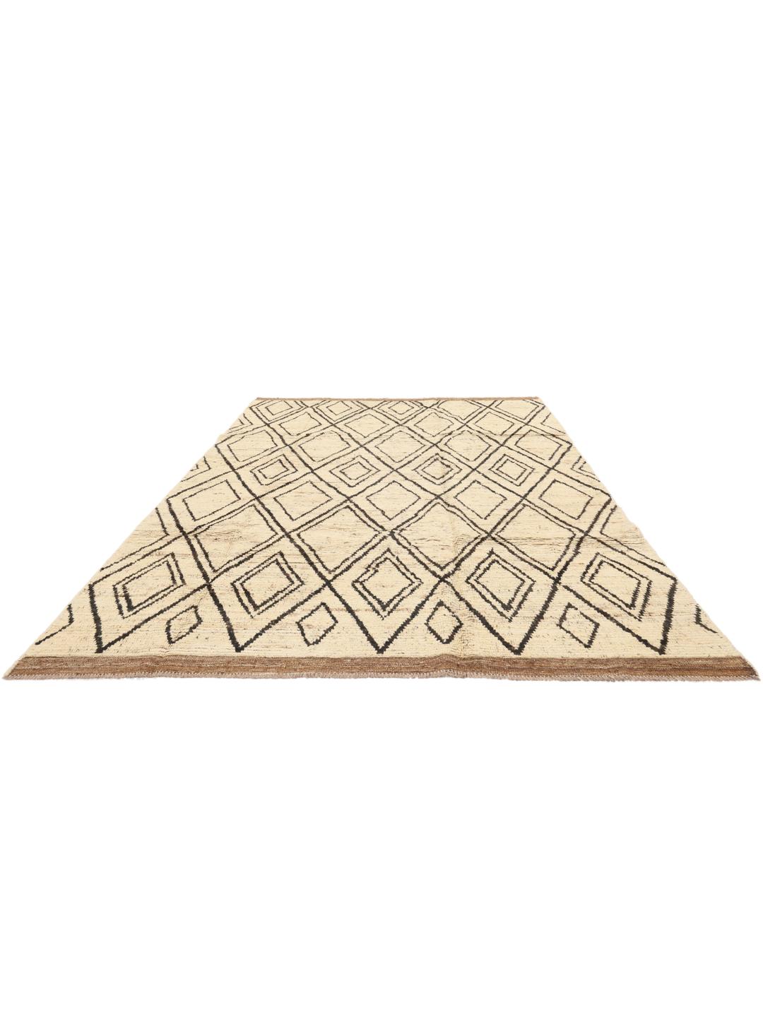 Hand-knotted Afghan rug featuring a geometric diamond pattern in beige and black