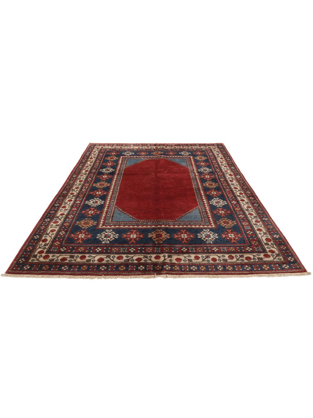 Handgefertigter afghanischer Kazak-Teppich in Rot und Blau mit traditionellen geometrischen Motiven.