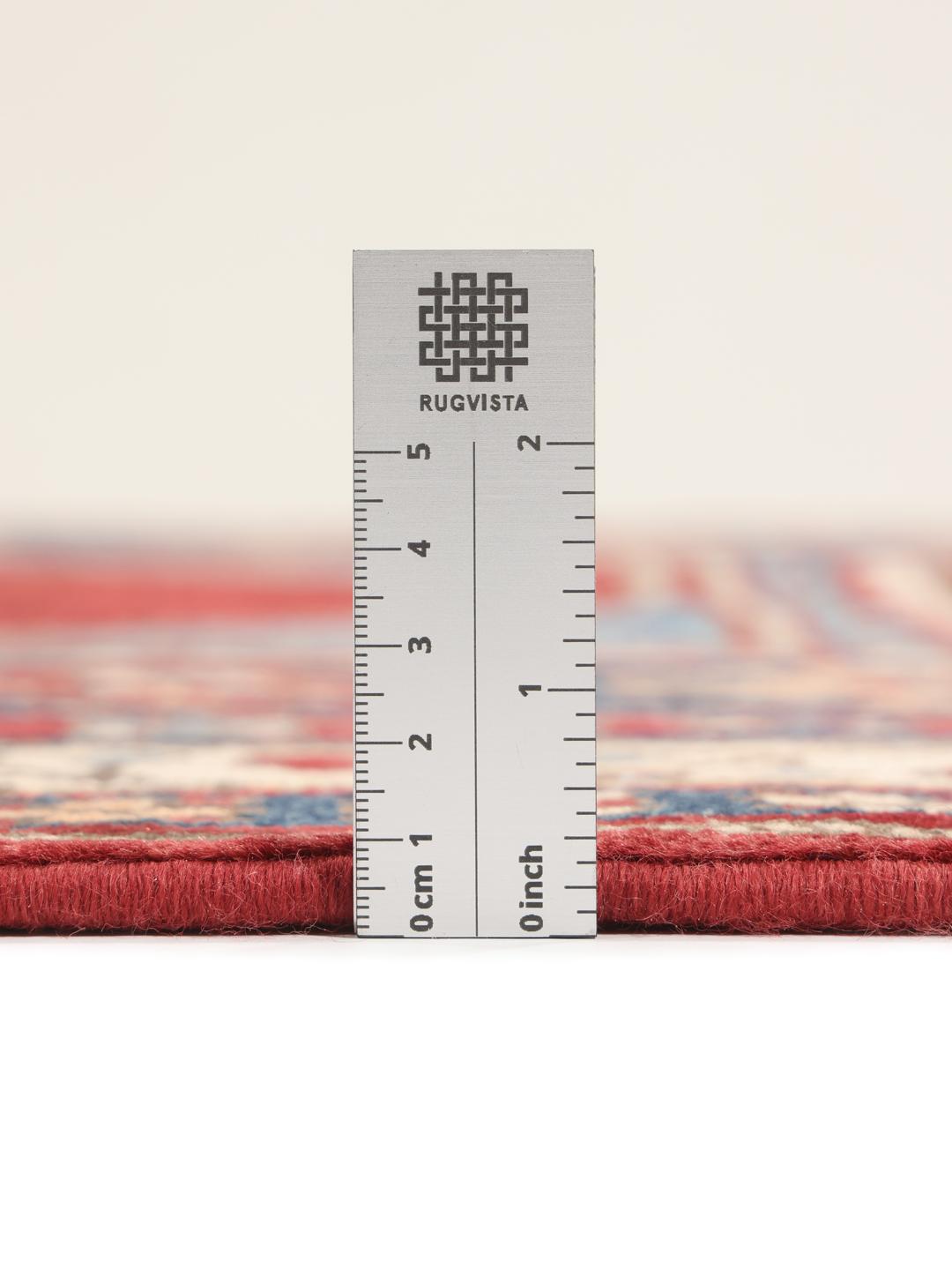 Handgefertigter afghanischer Kazak-Teppich in Rot und Blau mit traditionellen geometrischen Motiven.