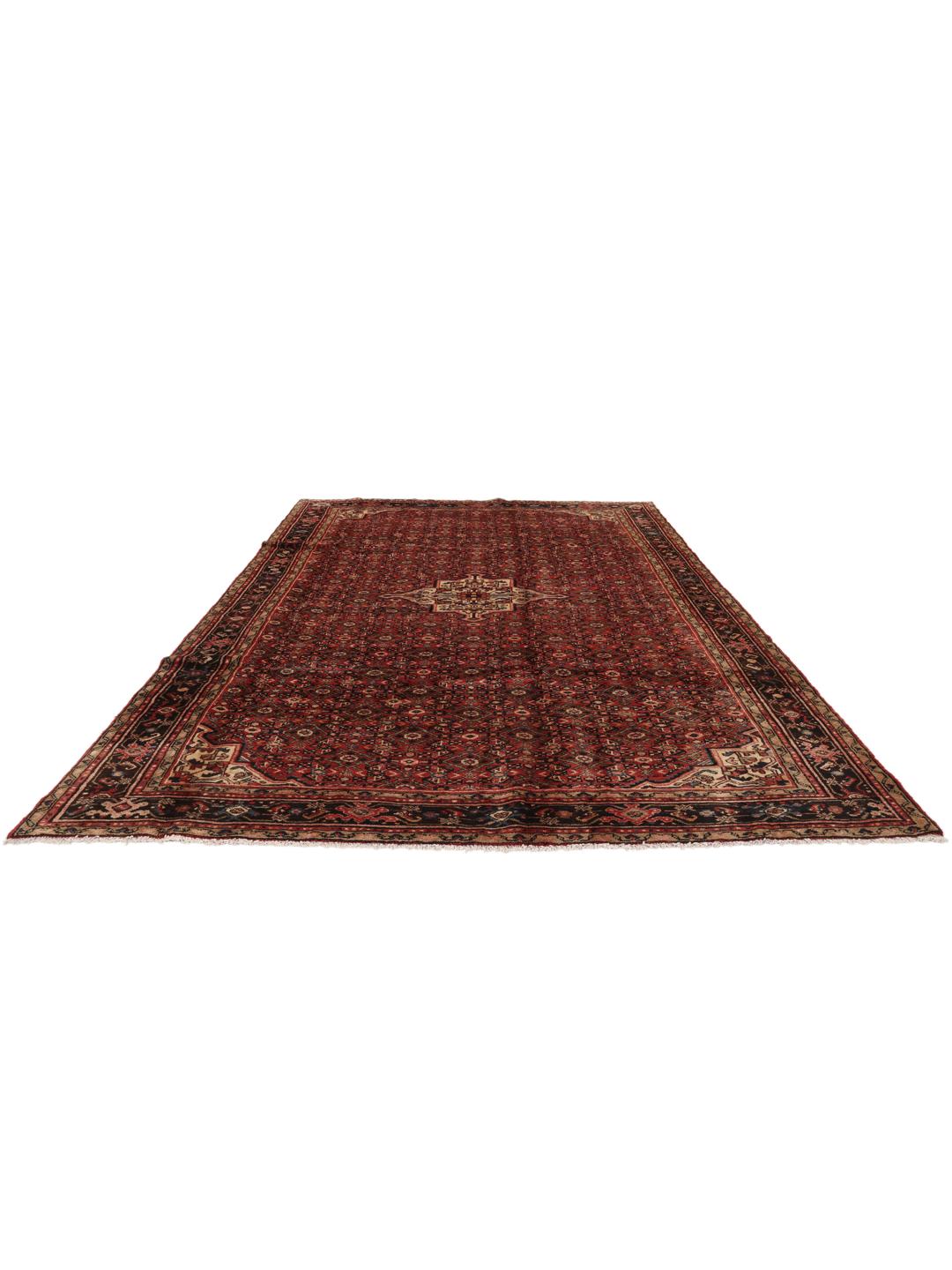 Hand-knotted Hosseinabad rug from the Middle East in deep red and black