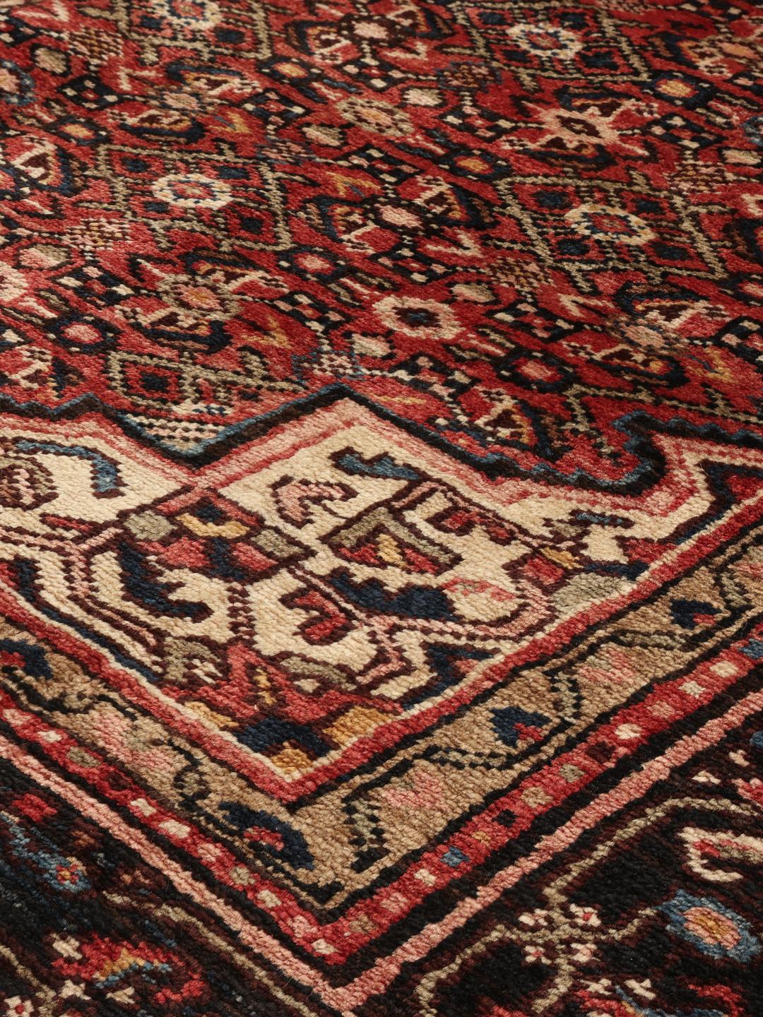 Hand-knotted Hosseinabad rug from the Middle East in deep red and black
