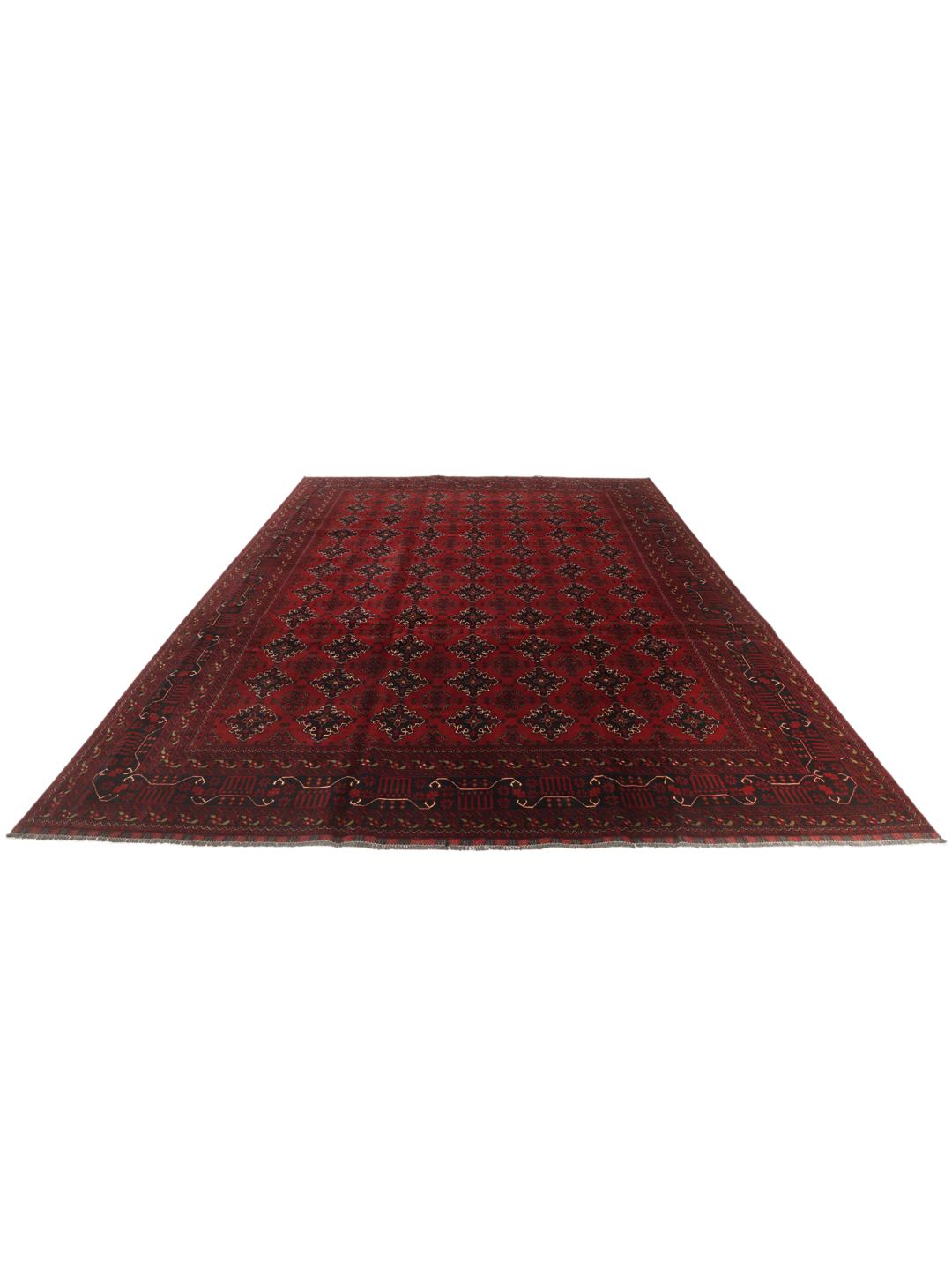 Hand-knotted Afghan Kunduz rug with red and black geometric patterns