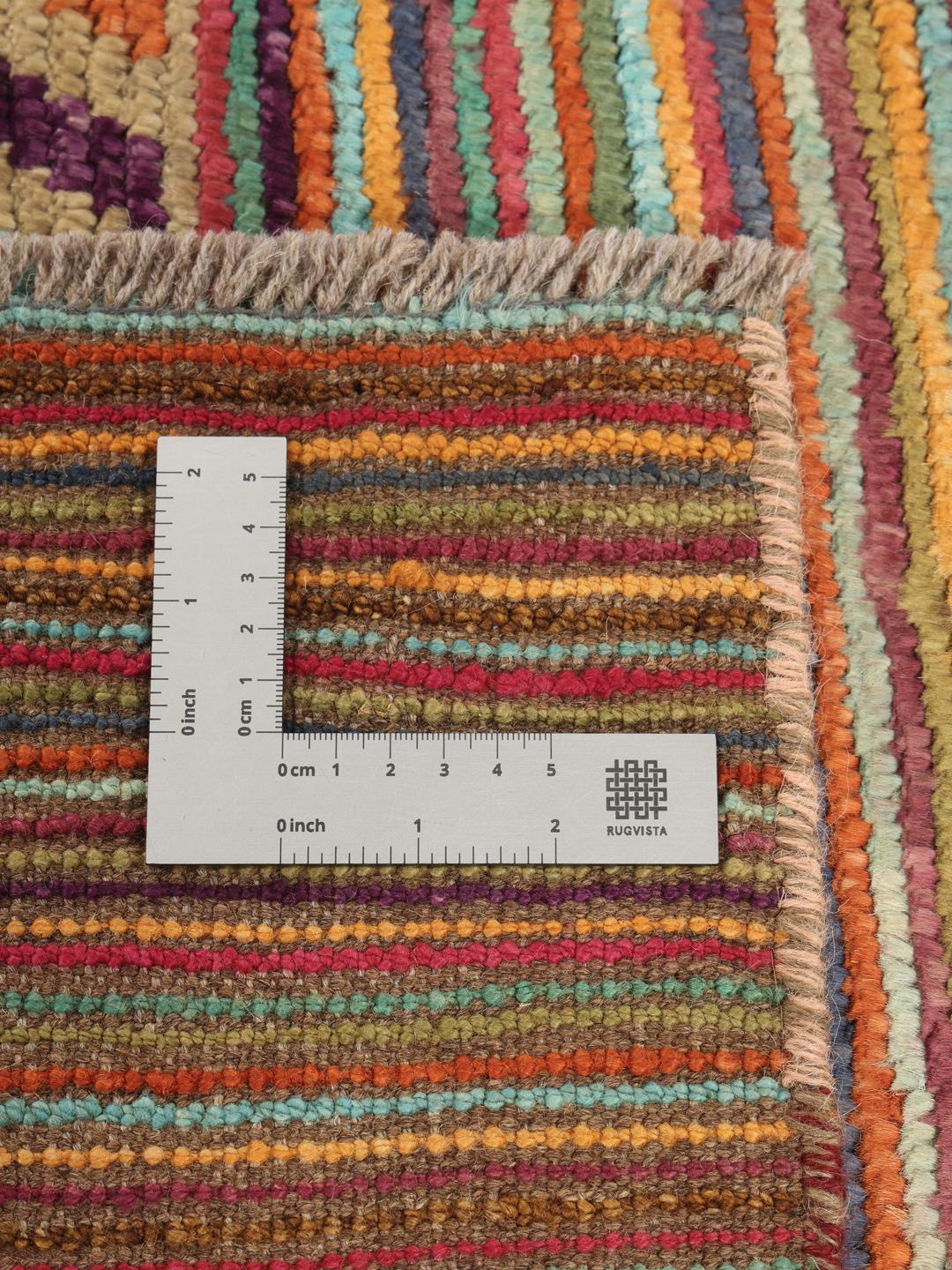 Handgeknoopt Afghaans tapijt met veelkleurige strepen en zigzagmotieven
