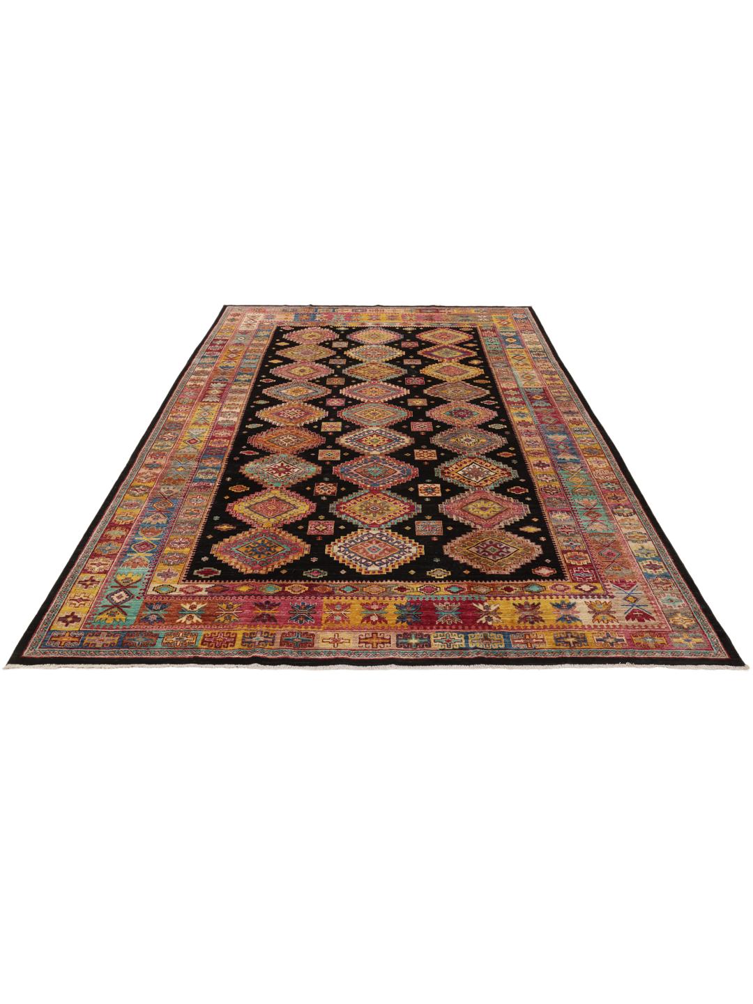 Hand-knotted Afghan rug with a black field and multicoloured diamond patterns.