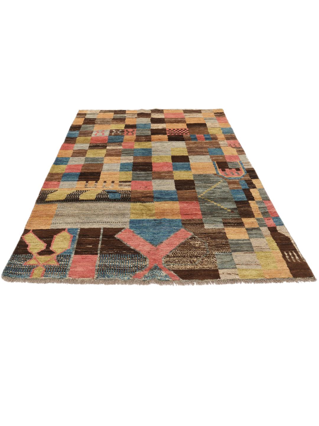 Hand-knotted Middle Eastern rug with a colourful patchwork design in multicolours