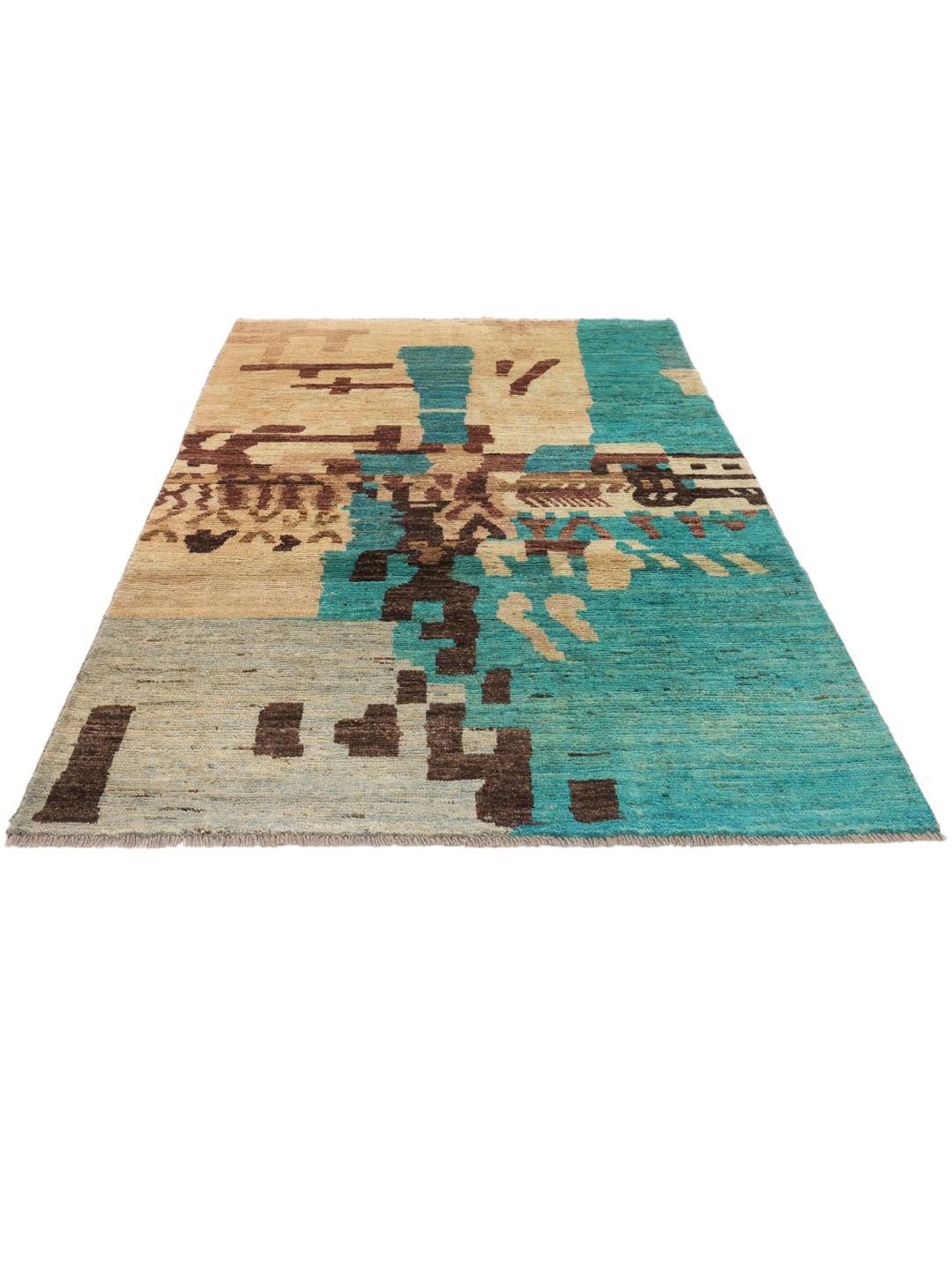 Tapis noué à la main au Moyen-Orient avec un motif artistique vibrant bleu sarcelle et beige