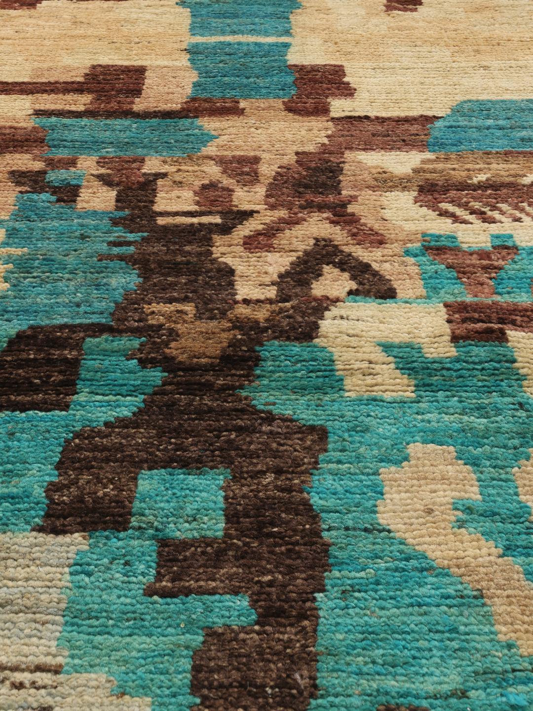 Tapis noué à la main au Moyen-Orient avec un motif artistique vibrant bleu sarcelle et beige