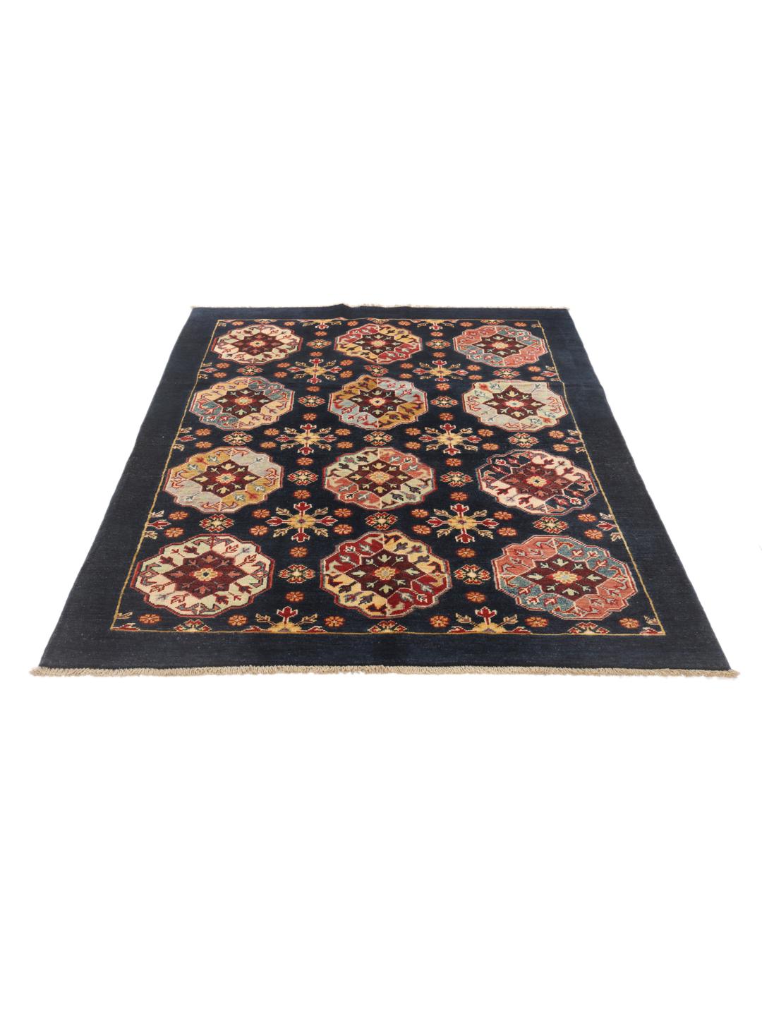 Handgeknüpfter afghanischer Kazak-Teppich mit geometrischen Motiven in Dunkelblau und Mehrfarbig