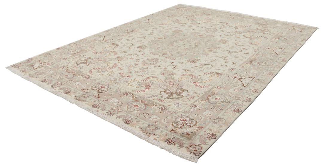 Handgeknoopt Tabriz tapijt uit het Midden-Oosten met een gedetailleerd beige en bloemig patroon