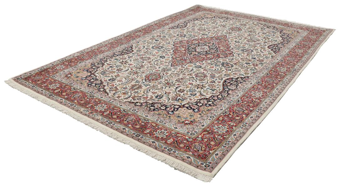 Handgeknoopt Ilam Sherkat Farsh tapijt met een rood en beige bloemenmedaillonontwerp