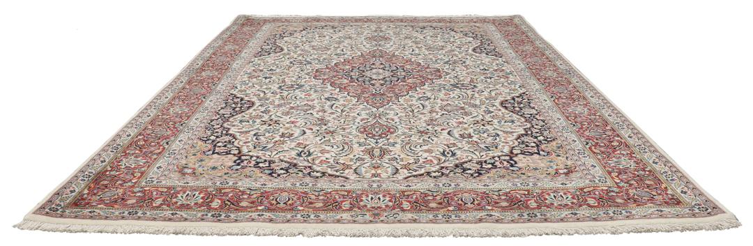 Handgeknoopt Ilam Sherkat Farsh tapijt met een rood en beige bloemenmedaillonontwerp