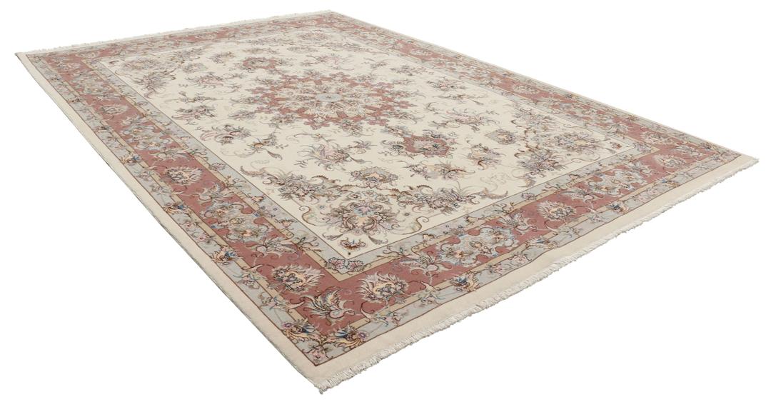 Handgeknoopt Tabriz 50 Raj tapijt met bloemmotieven in beige en rood uit het Midden-Oosten