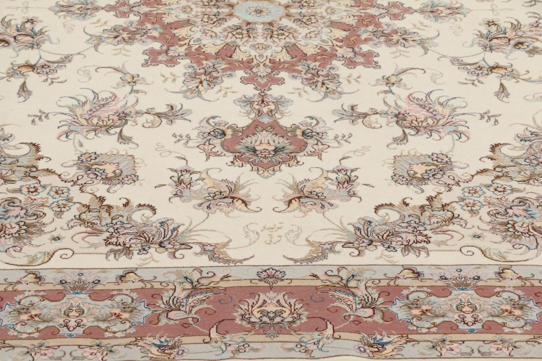 Handgeknoopt Tabriz 50 Raj tapijt met bloemmotieven in beige en rood uit het Midden-Oosten