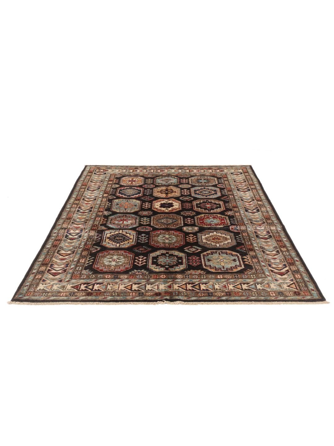 Hand-knotted Kazak Ariana wool rug from Afghanistan in black and multicolour