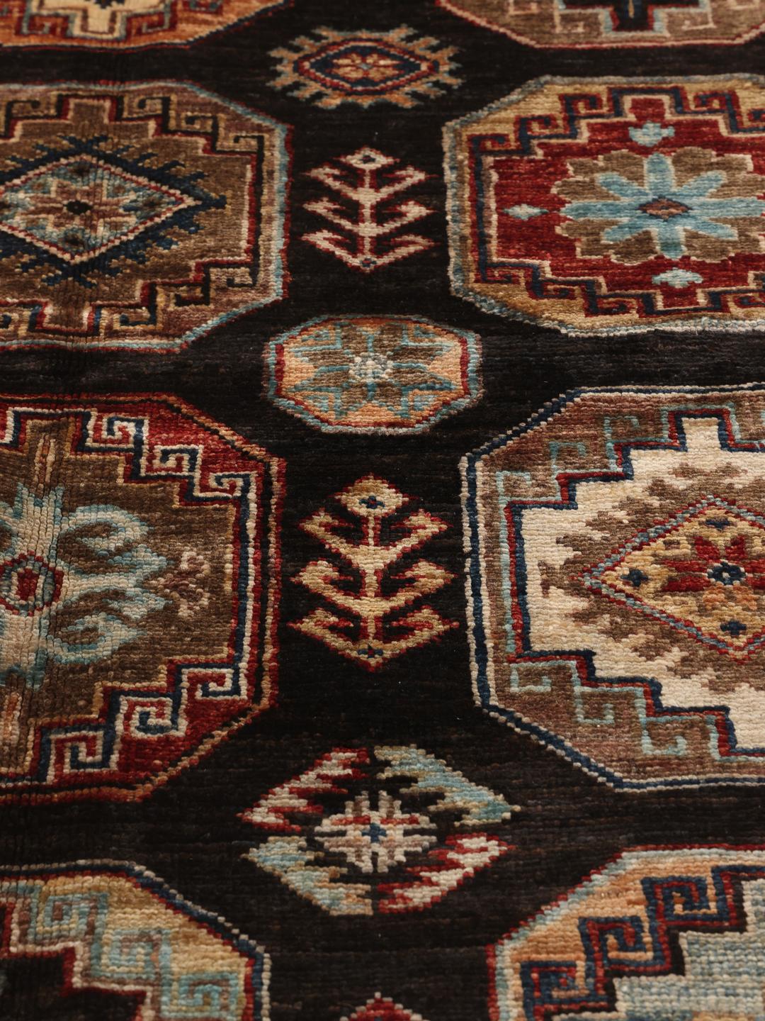 Hand-knotted Kazak Ariana wool rug from Afghanistan in black and multicolour