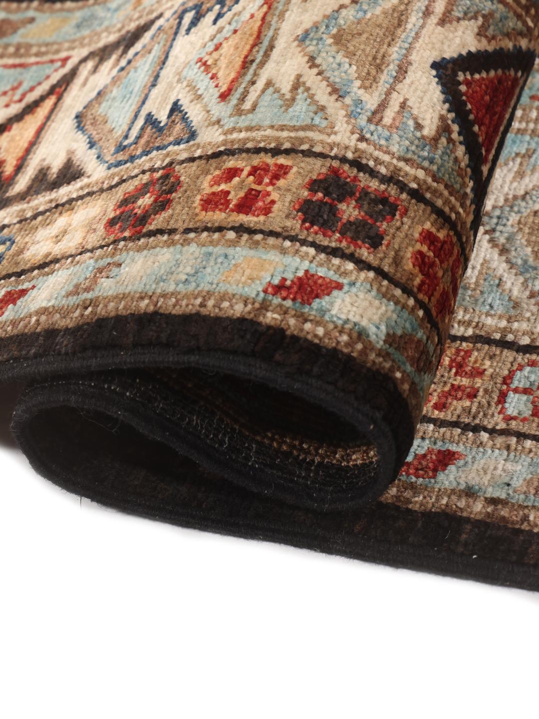 Hand-knotted Kazak Ariana wool rug from Afghanistan in black and multicolour