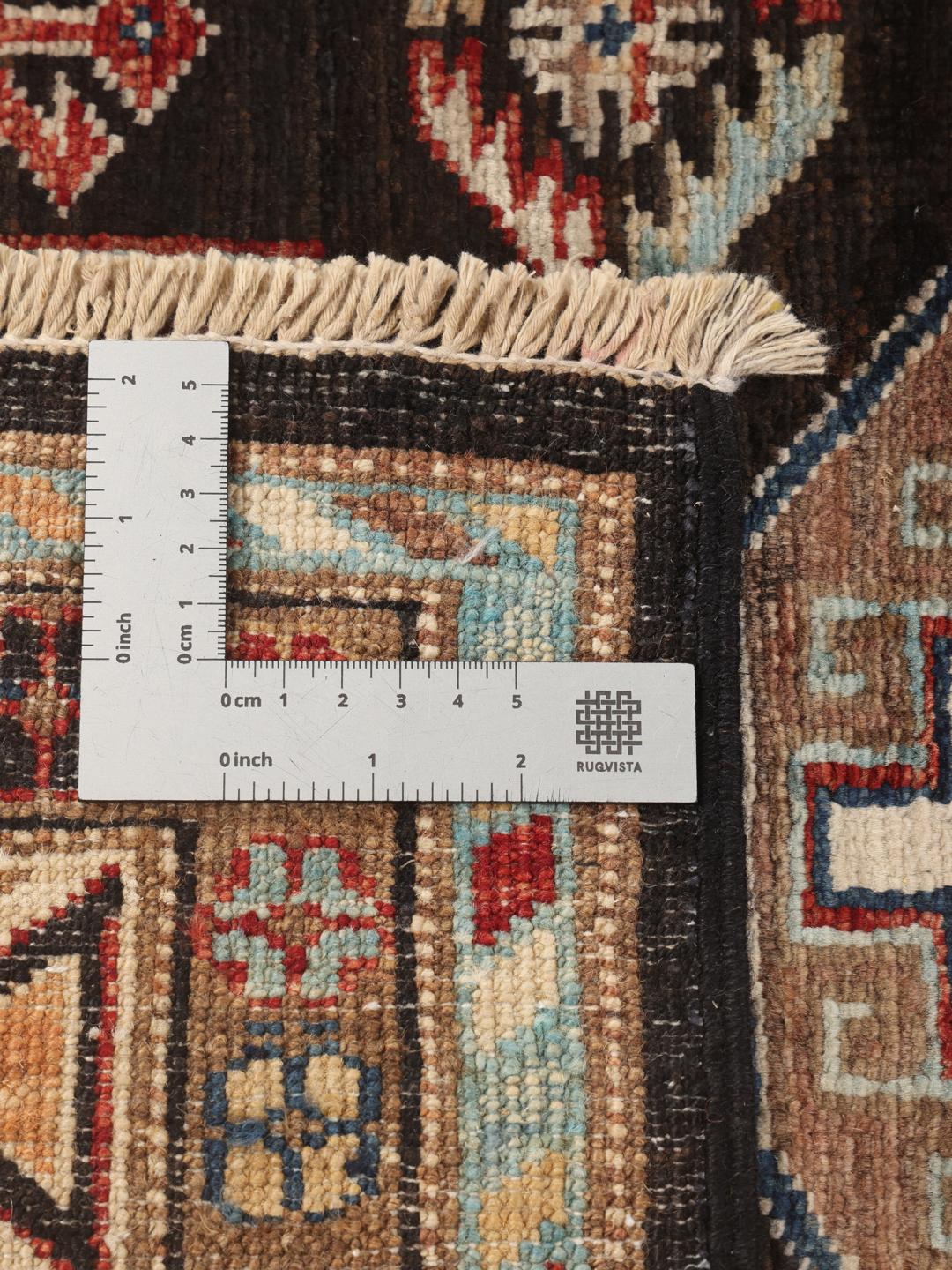 Hand-knotted Kazak Ariana wool rug from Afghanistan in black and multicolour