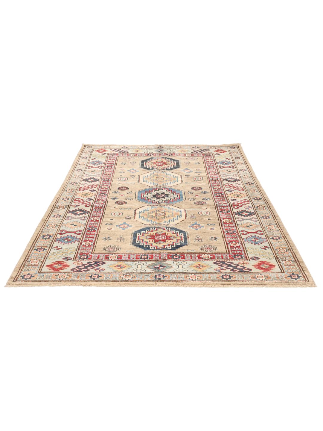 Hand-knotted Kazak rug from Afghanistan with a geometric pattern in beige, red, and blue