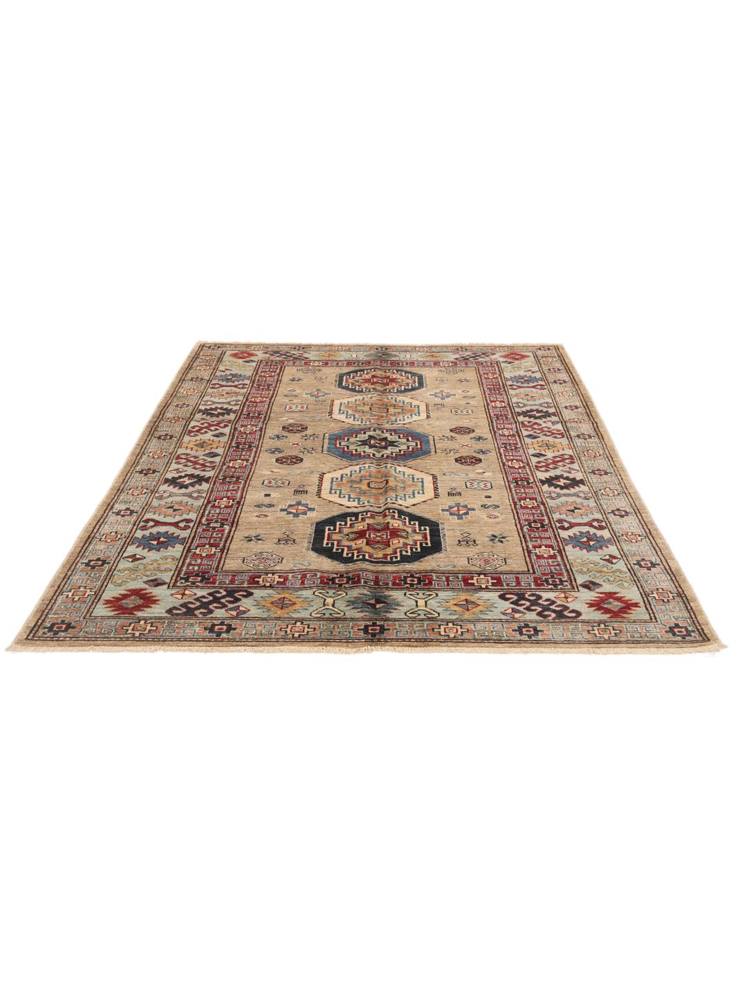 Hand-knotted Kazak rug from Afghanistan with a geometric pattern in beige, red, and blue