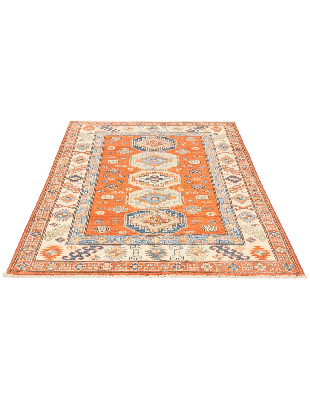 Tapis afghan Kazak noué à la main avec un champ orange et des motifs géométriques
