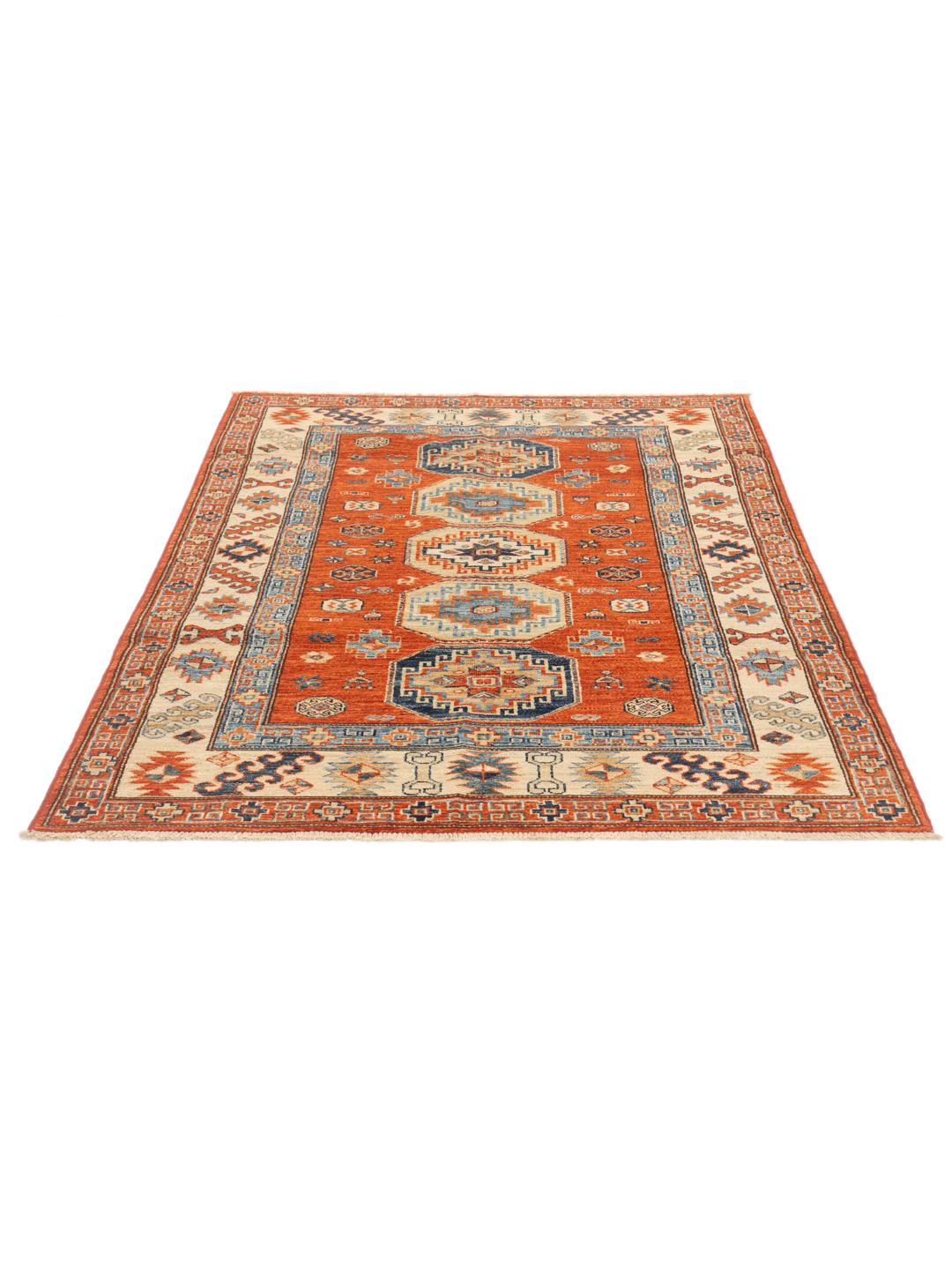 Tapis afghan Kazak noué à la main avec un champ orange et des motifs géométriques