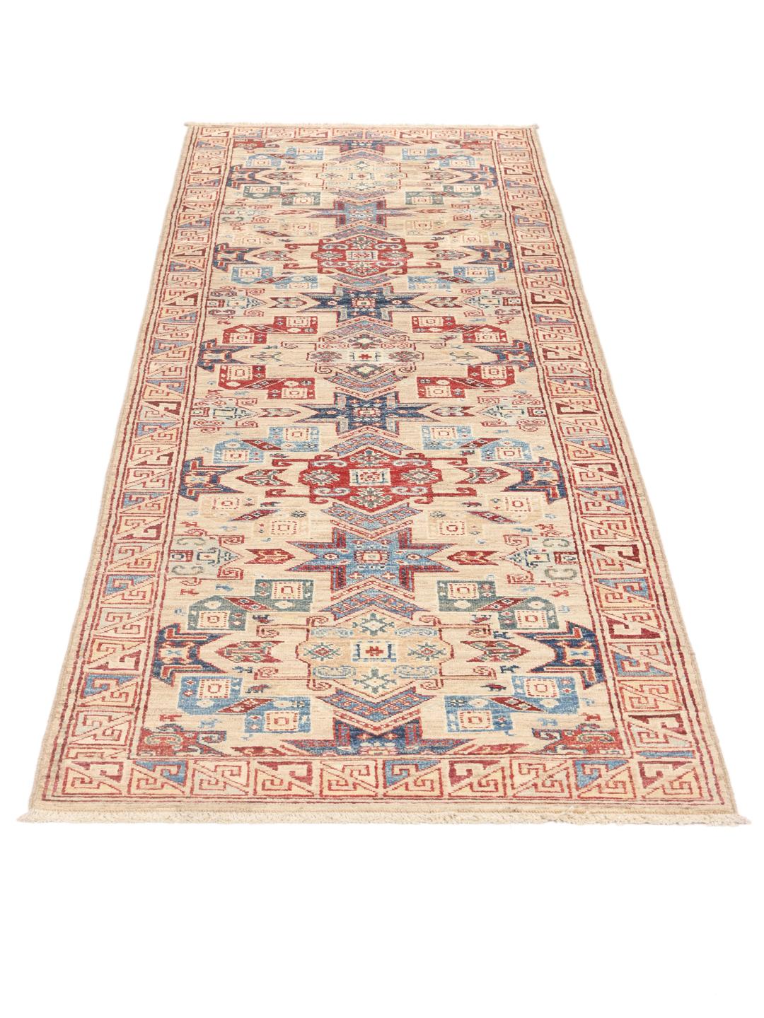 Handgeknoopte Kazak Ariana loper uit Afghanistan in rood, blauw en beige.