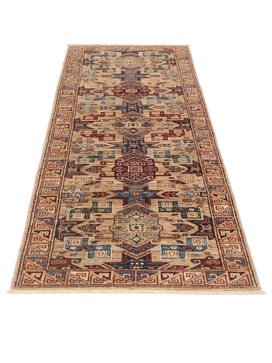 Handgeknoopte Kazak Ariana loper uit Afghanistan in rood, blauw en beige.