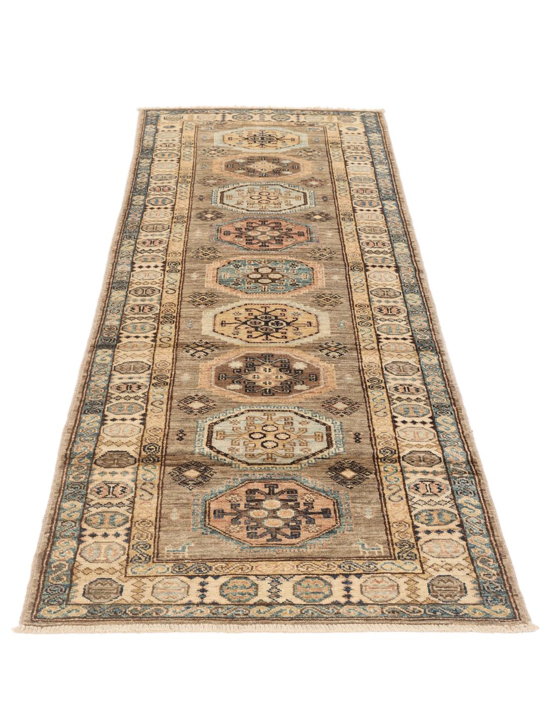 Handgeknoopte Afghaanse Kazak-loper in beige en blauwe tinten