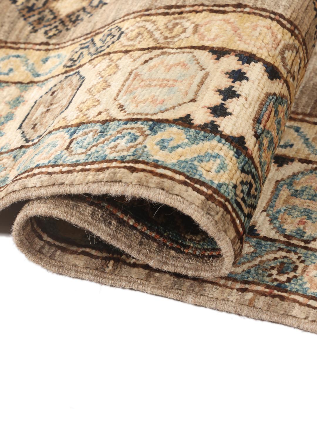 Handgeknoopte Afghaanse Kazak-loper in beige en blauwe tinten