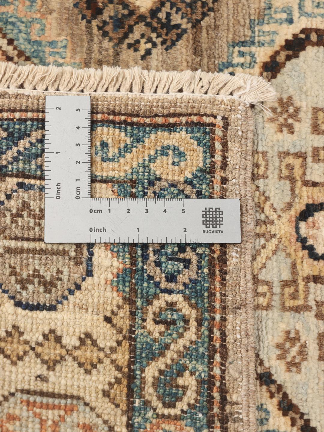 Handgeknoopte Afghaanse Kazak-loper in beige en blauwe tinten