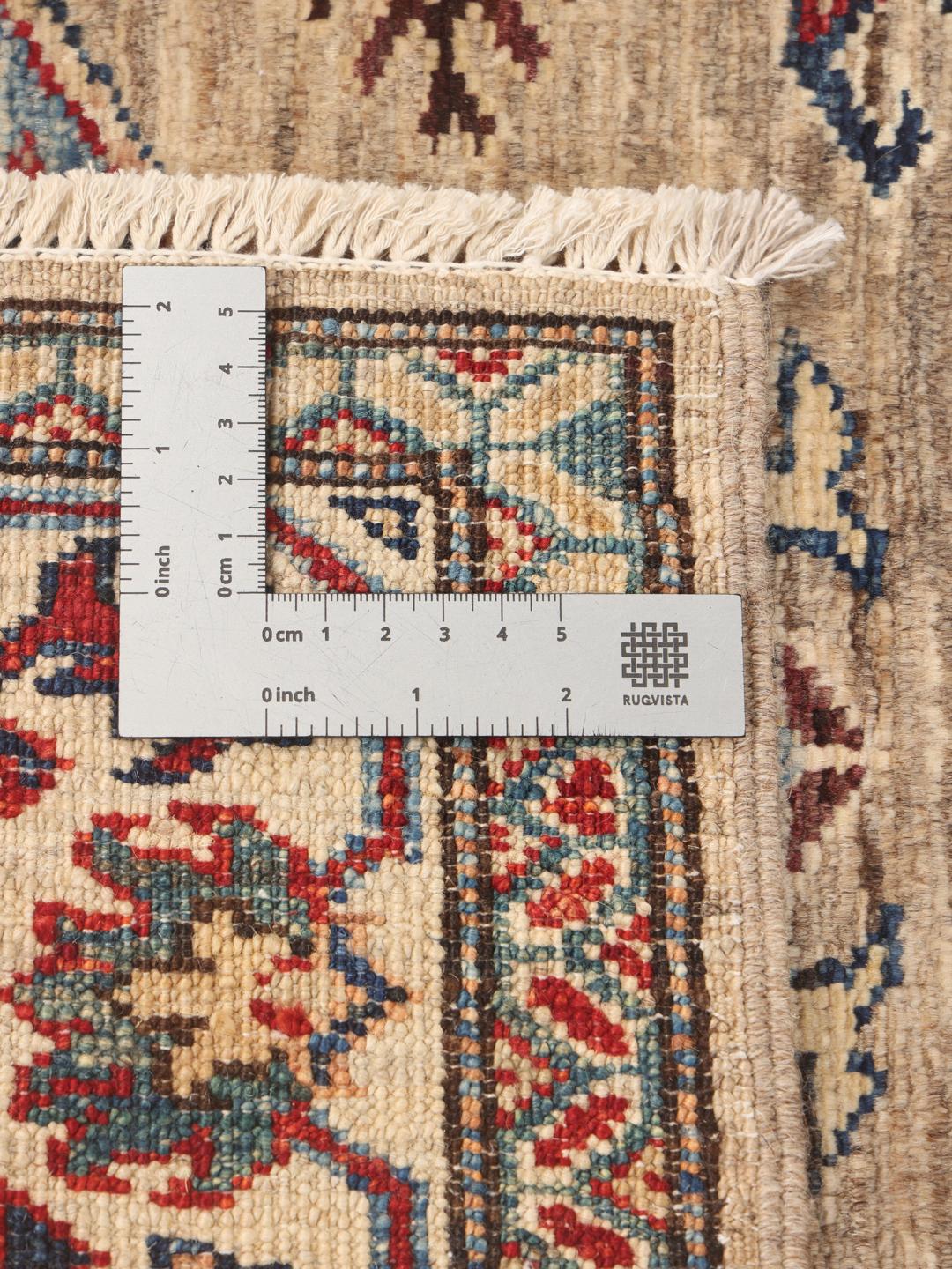 Pasarelă afgană Kazak înnodată manual, în nuanțe de bej, cu modele geometrice tribale