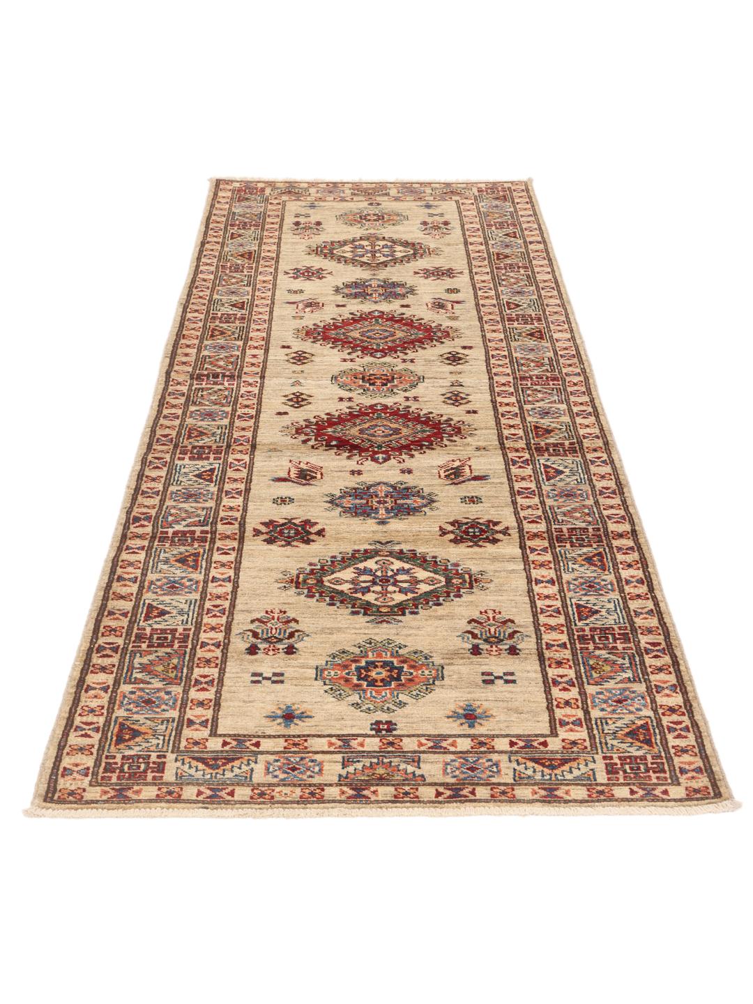 Handgeknoopte Kazak Ariana loper uit Afghanistan in beige met geometrische patronen