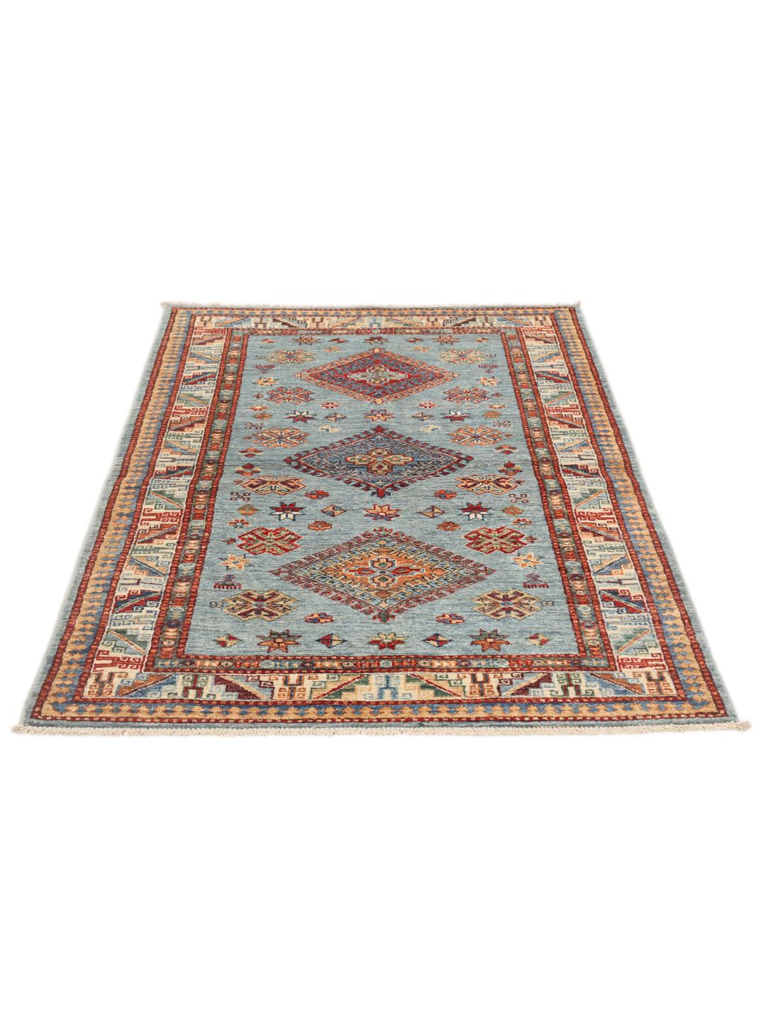 Handgeknüpfter Kazak-Teppich aus Afghanistan mit geometrischen Mustern in Beige, Blau und Rottönen.